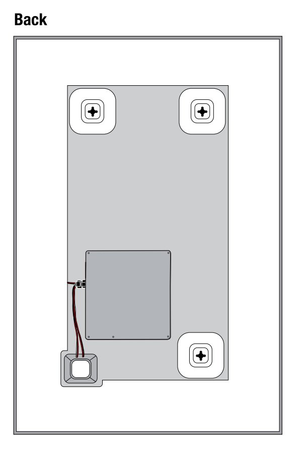Diagram of the back of an LED bathroom mirror showing four mounting points and the junction box with wiring