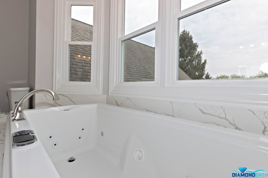 Master Bathroom with Wood-like Tile Floor Showcase in Crystal Lake, IL. 69  sq. ft.