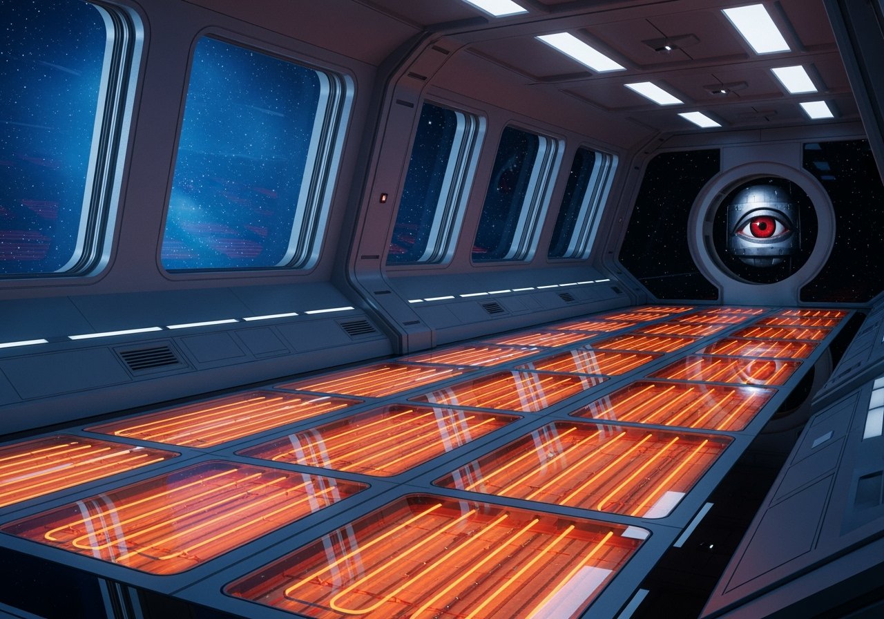 Digital illustration of glowing orange electric radiant floor heating elements embedded beneath transparent floor panels in a spacecraft corridor.