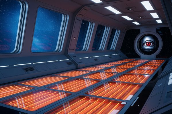 Discovery One spacecraft interior showing radiant floor heating system with HAL 9000 eye and space backdrop