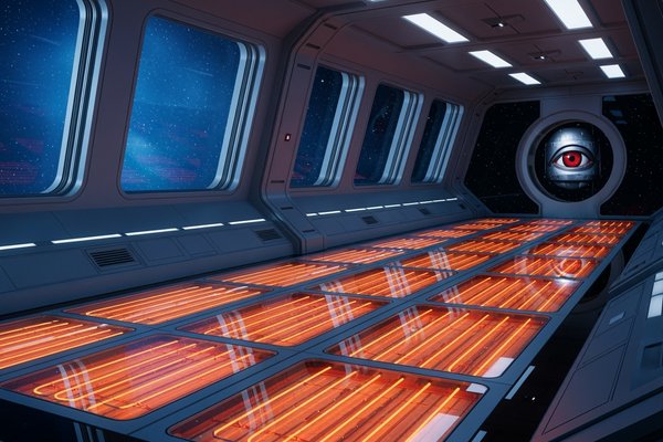 Discovery One spacecraft interior showing radiant floor heating system with HAL 9000 eye and space backdrop