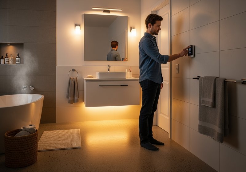 Homeowner adjusting thermostat for radiant floor heating in modern bathroom, showcasing DIY home comfort solution"