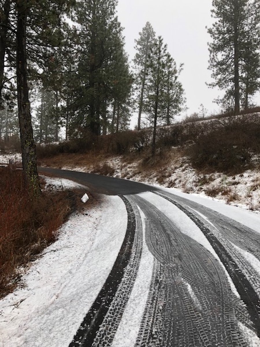 Heated tire tracks melting snow on a winding asphalt driveway in winter.