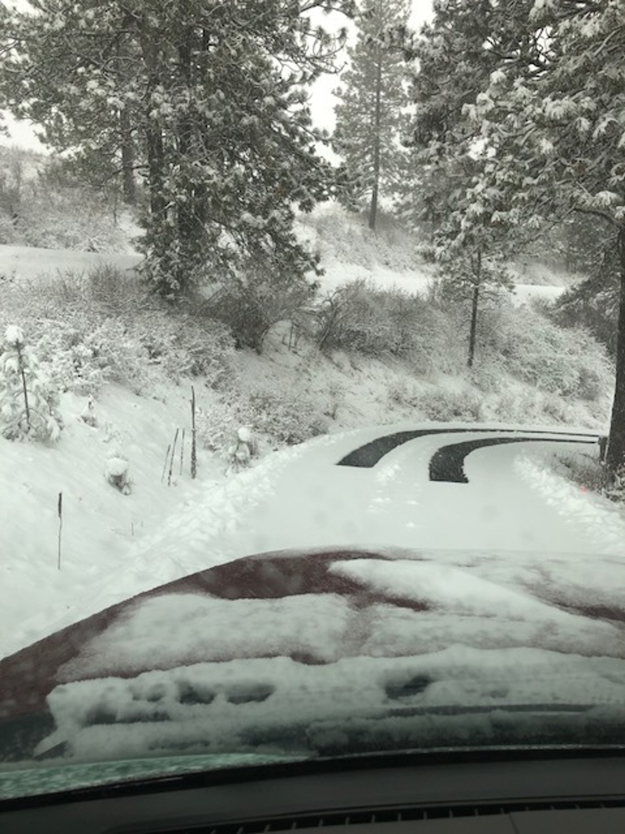 Driving down a heated driveway with tire track snow melt system