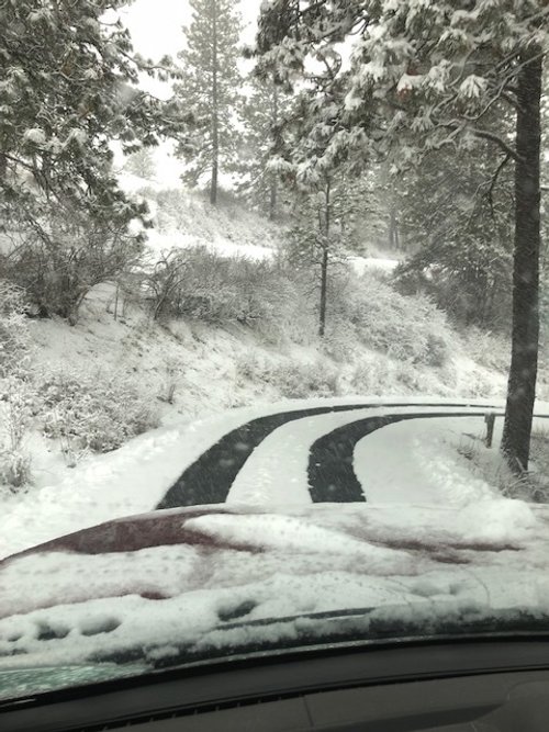 Driving down a heated driveway with tire track snow melt system