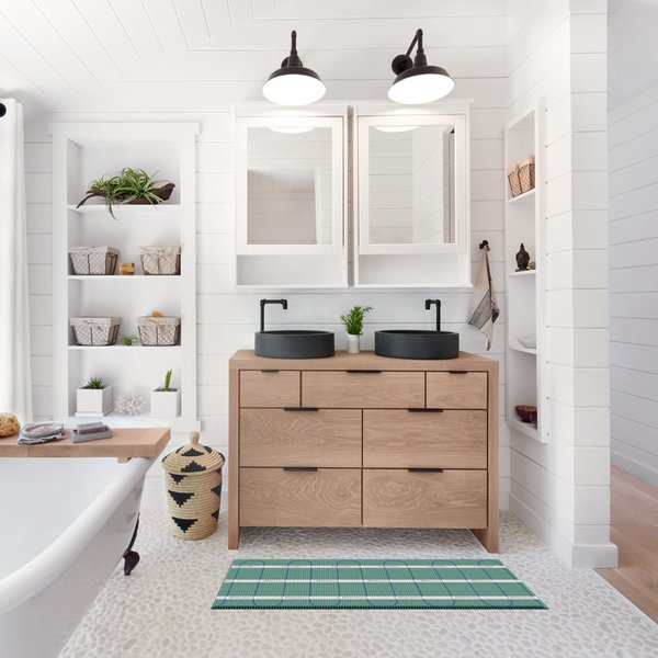 Master bathroom with cutout to show embedded floor heating