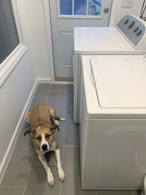 Electric floor heating installation in a mudroom after picture with appliances