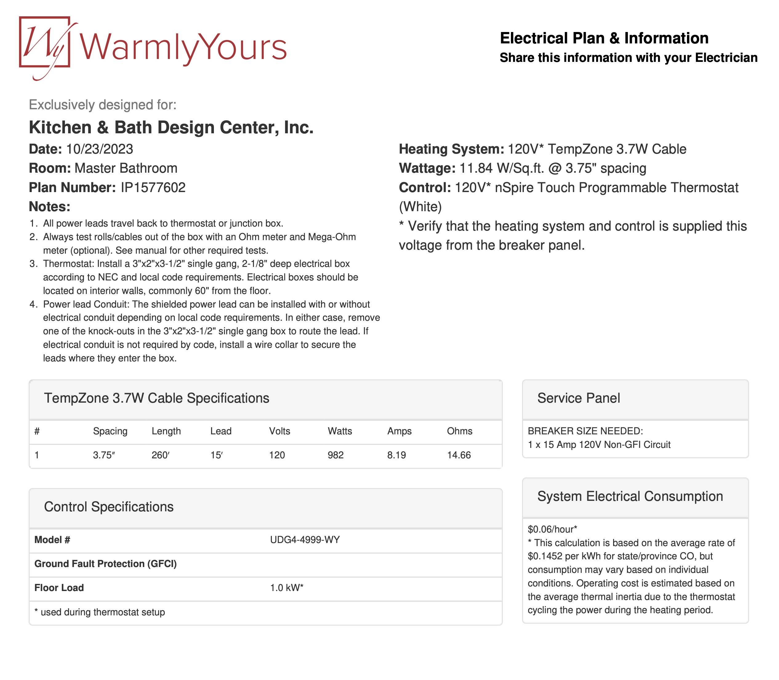 Electrical Plan for a Mater Bathroom using TempZone Floor Heating Cable