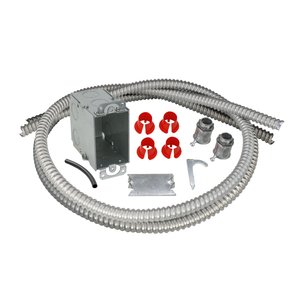 Electrical rough-in kit for radiant heating featuring a single-gang galvanized steel box, two metal conduits, and necessary installation hardware.