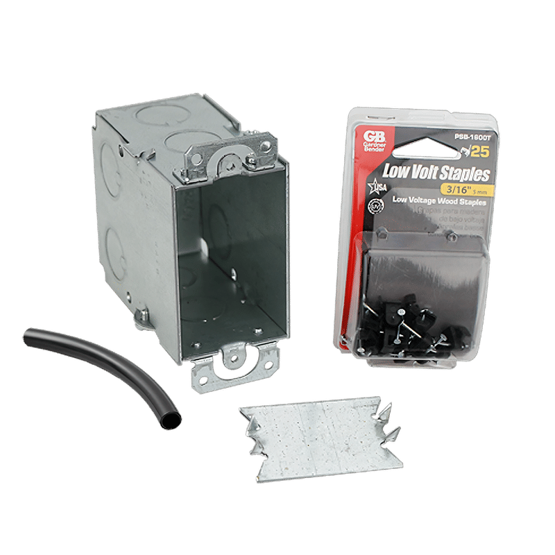 Electrical rough-in kit featuring a single-gang steel box, cable protection plate, and Gardner Bender low voltage insulated wood staples.