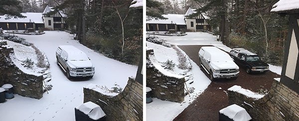 A residential driveway before and after snow melting system installation, showing a snow-covered surface cleared by radiant heat beneath pavers.