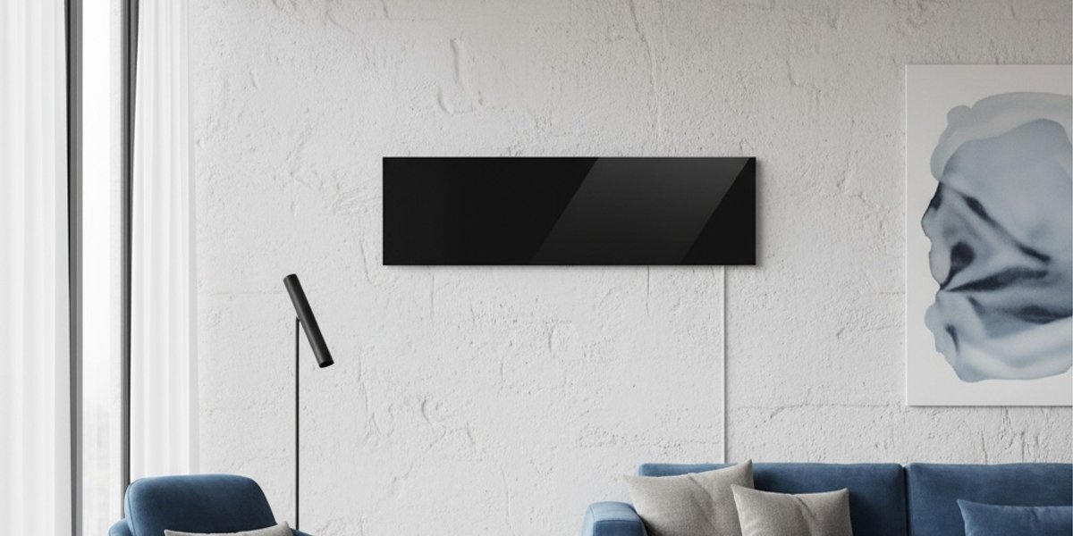 Ember Black Glass Infrared Heating Panel in Contemporary Living Room Setting