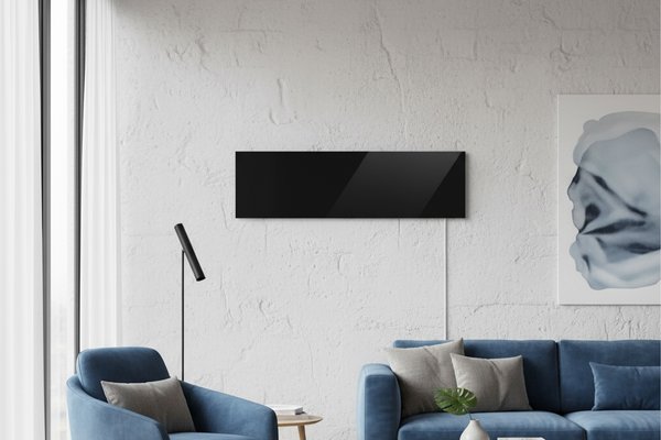 Ember Black Glass Infrared Heating Panel in Contemporary Living Room Setting