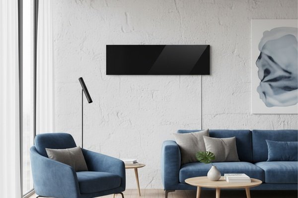 Ember Black Glass Radiant Panel Heater in Contemporary Living Room Setting