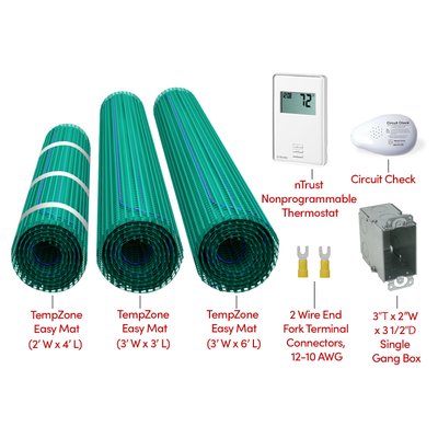WarmlyYours Electric Floor Radiant Heating Kit, Bathroom with Double Vanity, Tub, Shower Area, (3) Tempzone Floor Mat, Thermostat, Circuit Checker, Total Coverage 35 sq ft