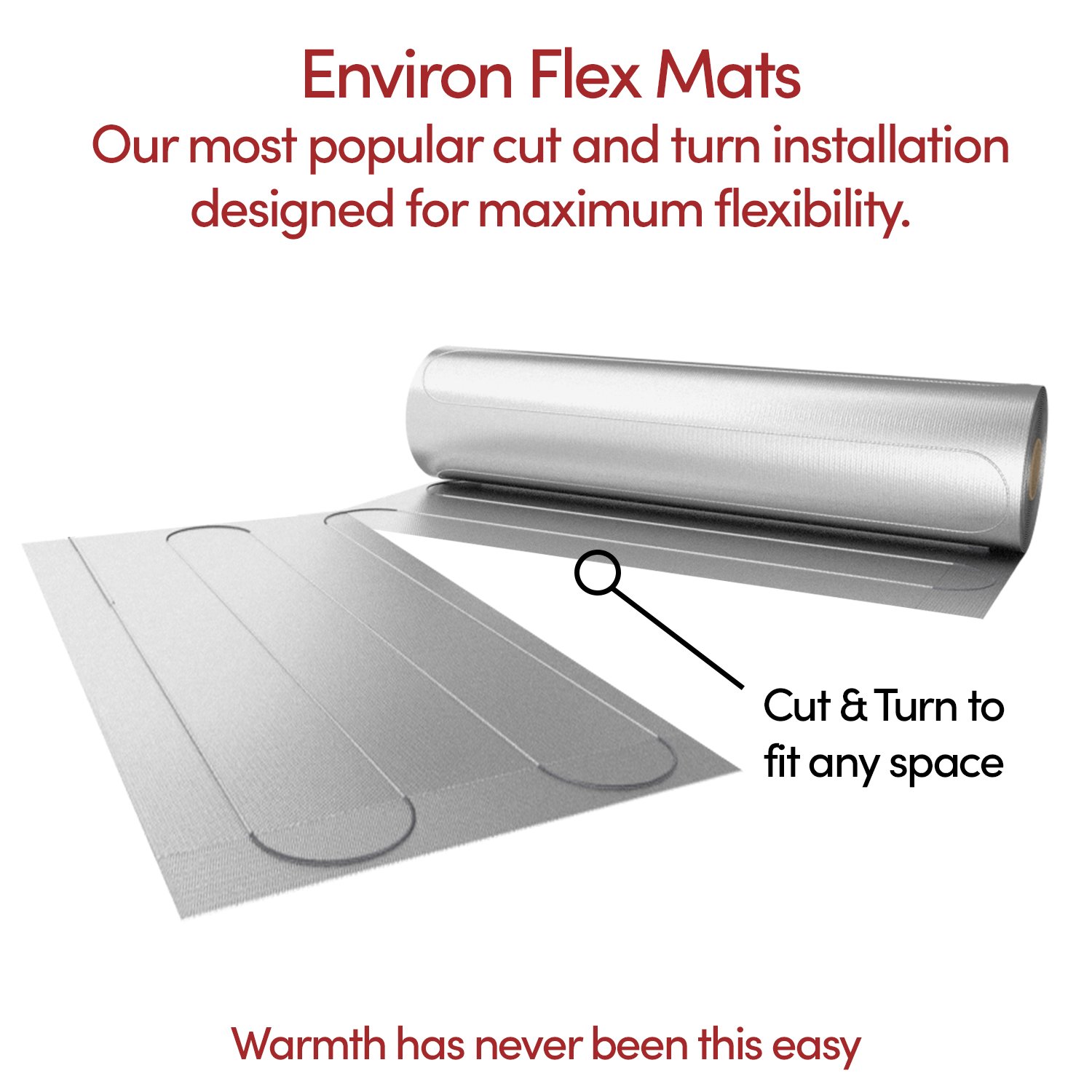 Environ Flex heating roll with metallic foil and visible heating cable loops, demonstrating a cut and turn installation for radiant floor heating.