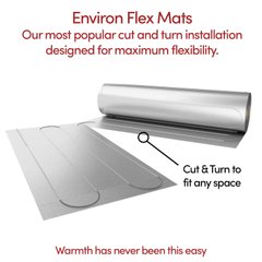 Environ Flex heating roll with metallic foil and visible heating cable loops, demonstrating a cut and turn installation for radiant floor heating.