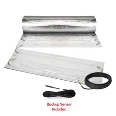 Environ Flex Roll electric radiant floor heating mat with reflective foil, heating wires, and a backup floor sensor probe.