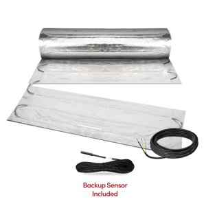 Environ Flex Roll electric radiant floor heating mat with reflective foil, heating wires, and a backup floor sensor probe.