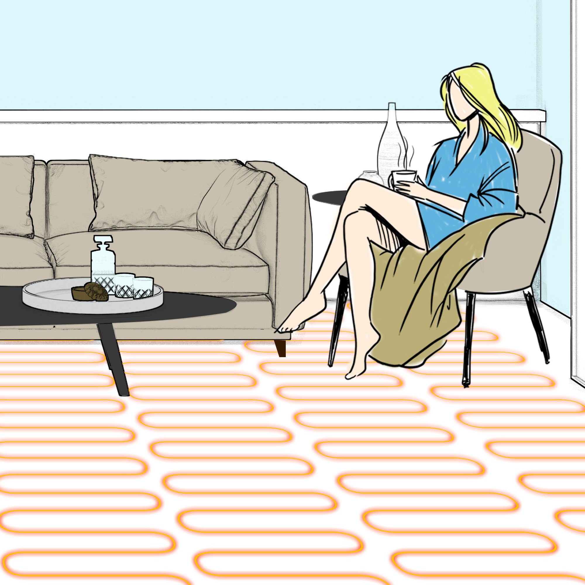 Radiant floor heating system beneath flooring, showing heat radiating evenly from the floor up.
