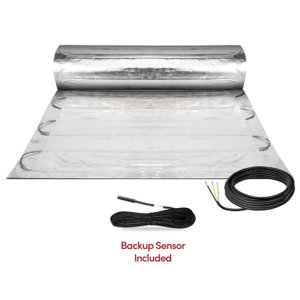 Environ electric radiant floor heating foil mat with visible heating wire loops, power lead, and backup floor temperature sensor.