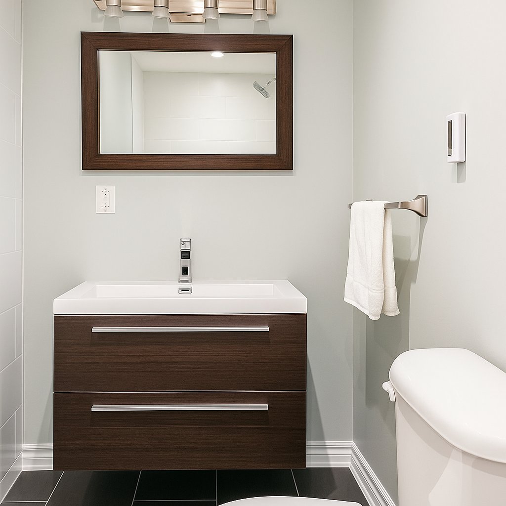 Finished basement bathroom with a 3' x 8' TempZone Floor Heating Mat