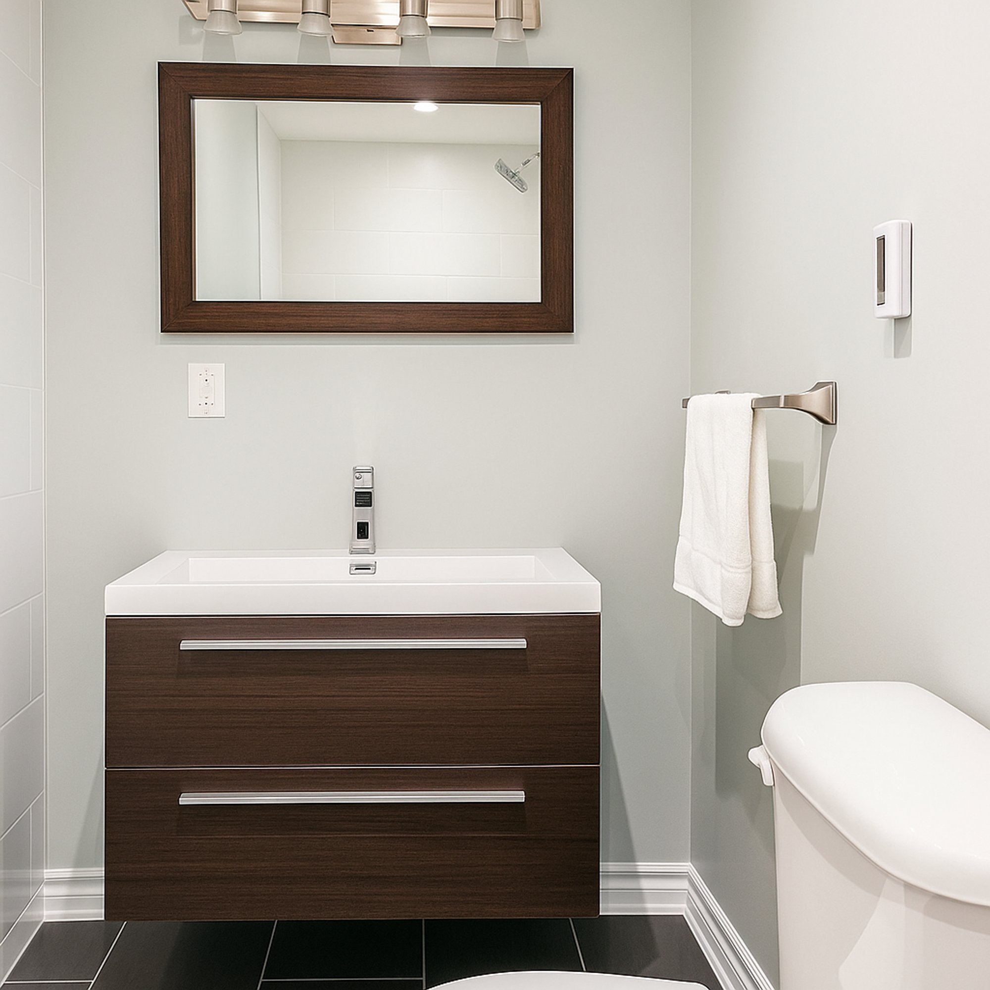 Finished basement bathroom with a 3' x 8' TempZone Floor Heating Mat