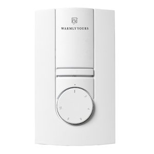 WarmlyYours Comfort Regulator floor heating control featuring a white wall-mounted unit with an ON switch and a numbered rotary dial.