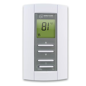 WarmlyYours EasyStat non-programmable floor heating thermostat with a digital LCD display and control buttons on a white wall unit.