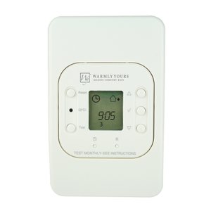 WarmlyYours EnergyStat thermostat for electric radiant floor heating with a digital display, GFCI test button, and white rectangular faceplate.
