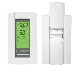 WarmlyYours SmartStat master thermostat and power module with a digital LCD display for electric radiant floor heating control.