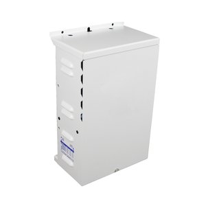 A white metal floor heating control transformer enclosure with louvered ventilation and mounting flanges for Q-TRAN multi-voltage systems.