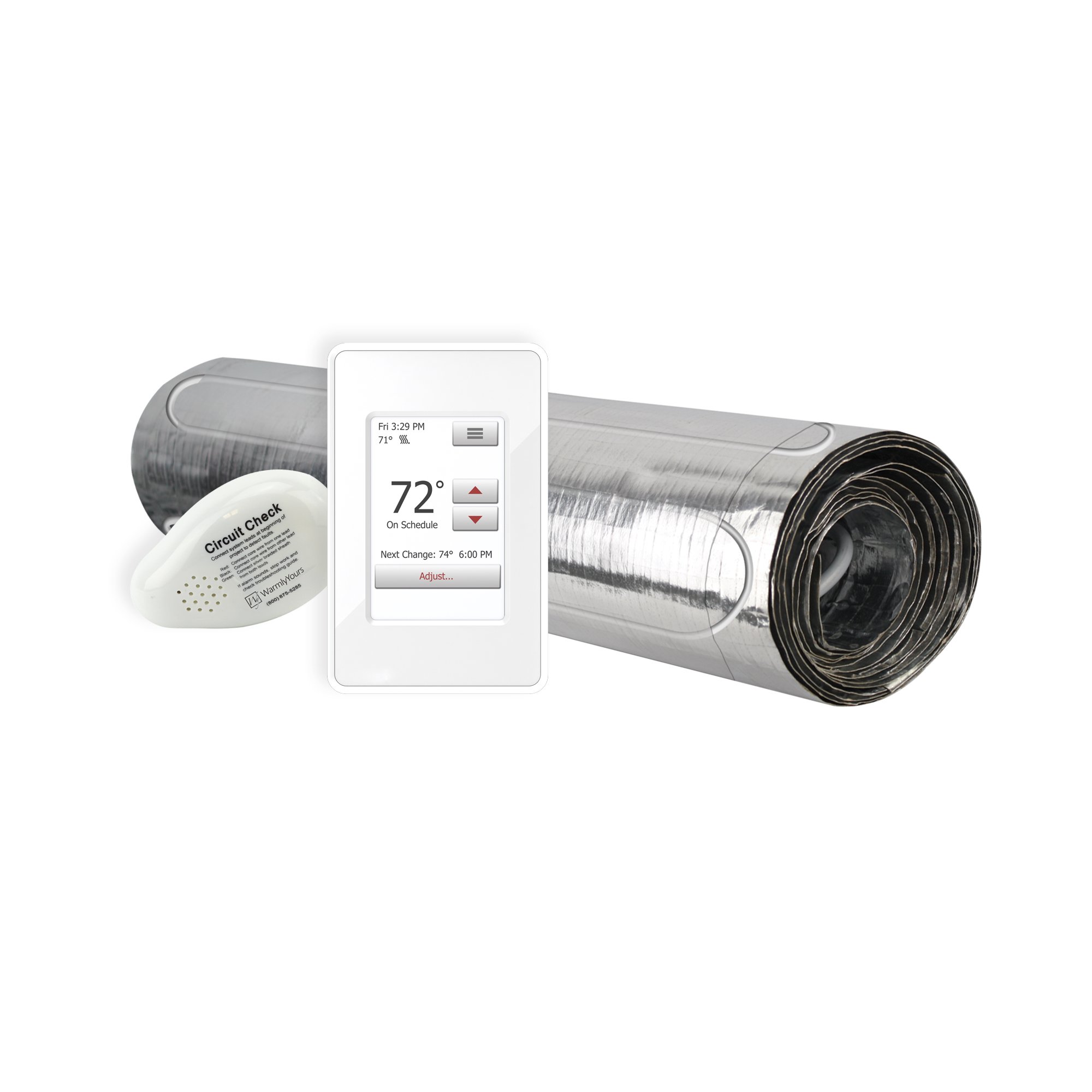 WarmlyYours Environ Flex Roll radiant heating mat with a silver foil finish, nSpire Touch thermostat, and Circuit Check installation tool.
