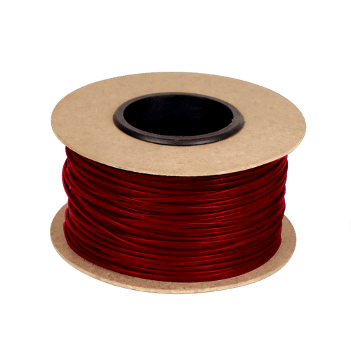 A wooden spool wound with dark-red TempZone electric radiant floor heating cable.