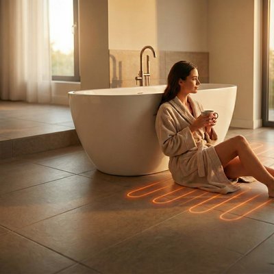 Floor Heating Woman Sitting by Tub over Floor Heat