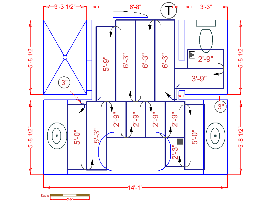 This floorplan shows how to install TempZone Flex Roll radiant heat in a master bathroom.