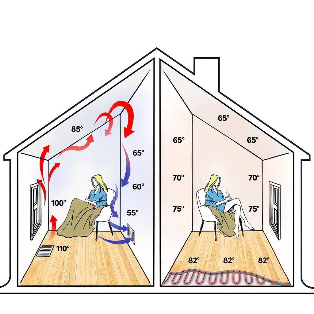 Cross-section diagram showing radiant floor heating system with heating cables installed beneath flooring, displaying warm air currents rising evenly upward with temperature gradients in warm colors