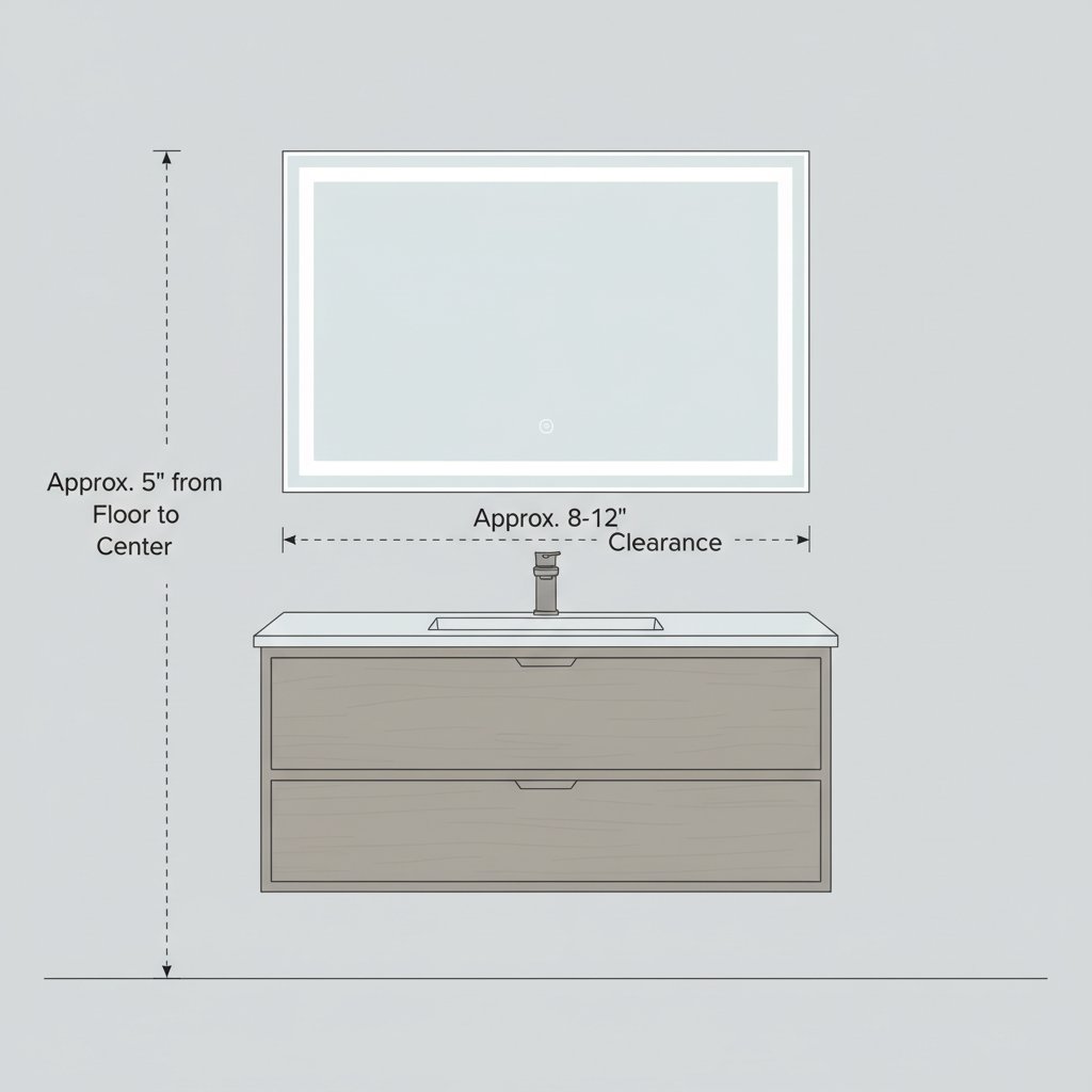 Front-view diagram of an LED bathroom mirror centered above a vanity with typical mounting height and clearances labeled