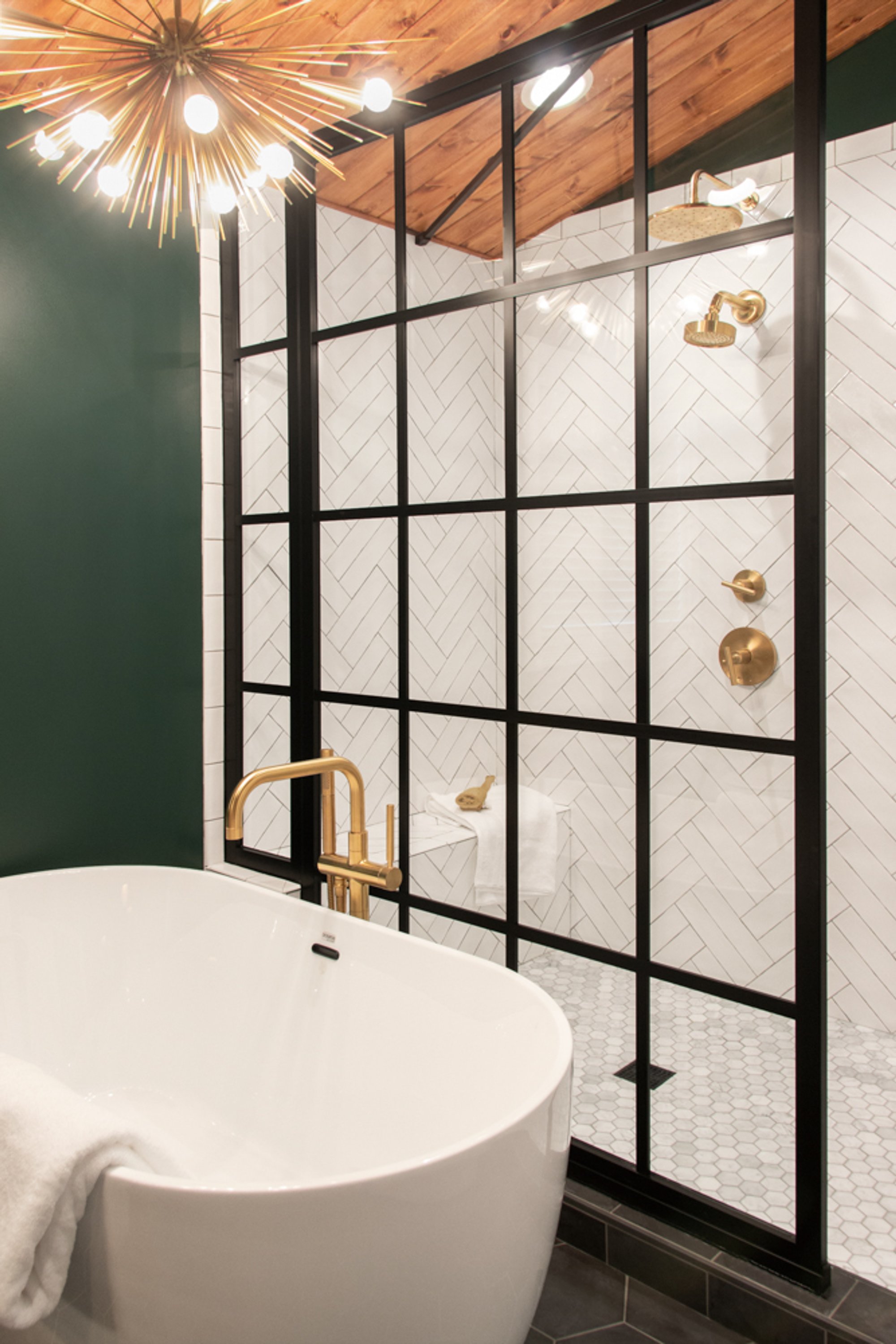 Radiant green master bathroom with floor heating in Kildeer shower and tub