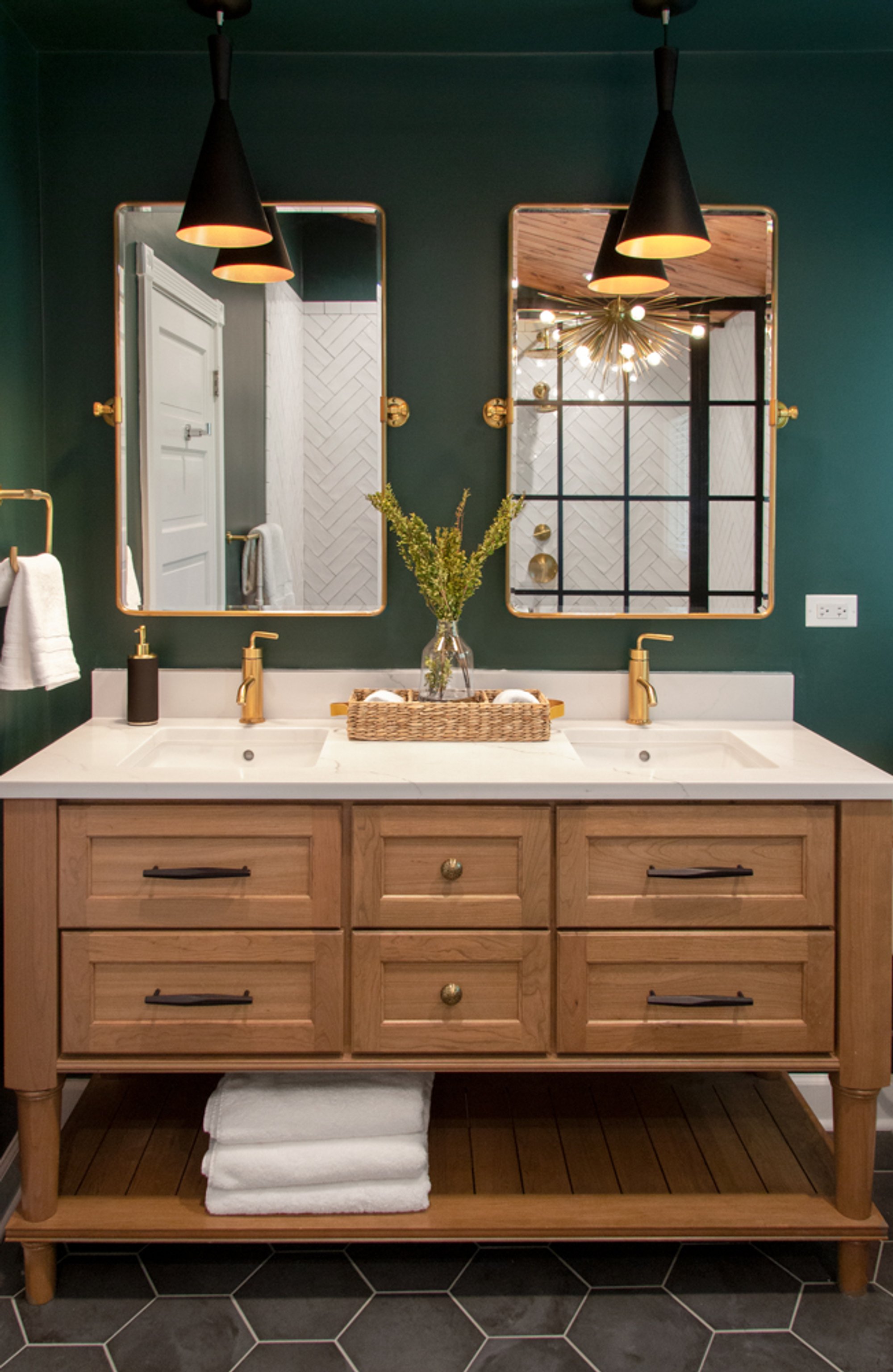 Radiant green master bathroom with floor heating in Kildeer vanity view