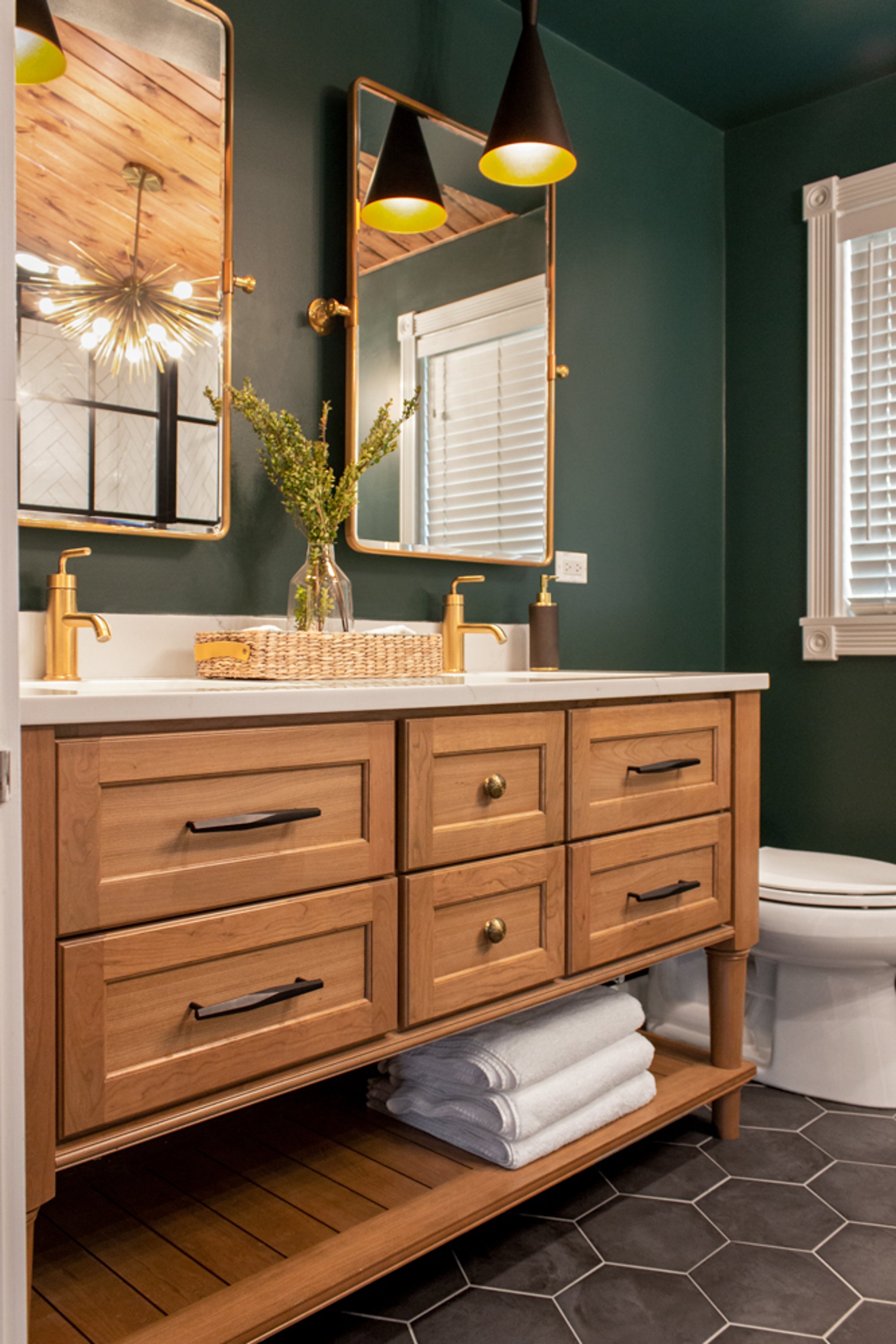 Radiant green master bathroom with floor heating in Kildeer vanity angle