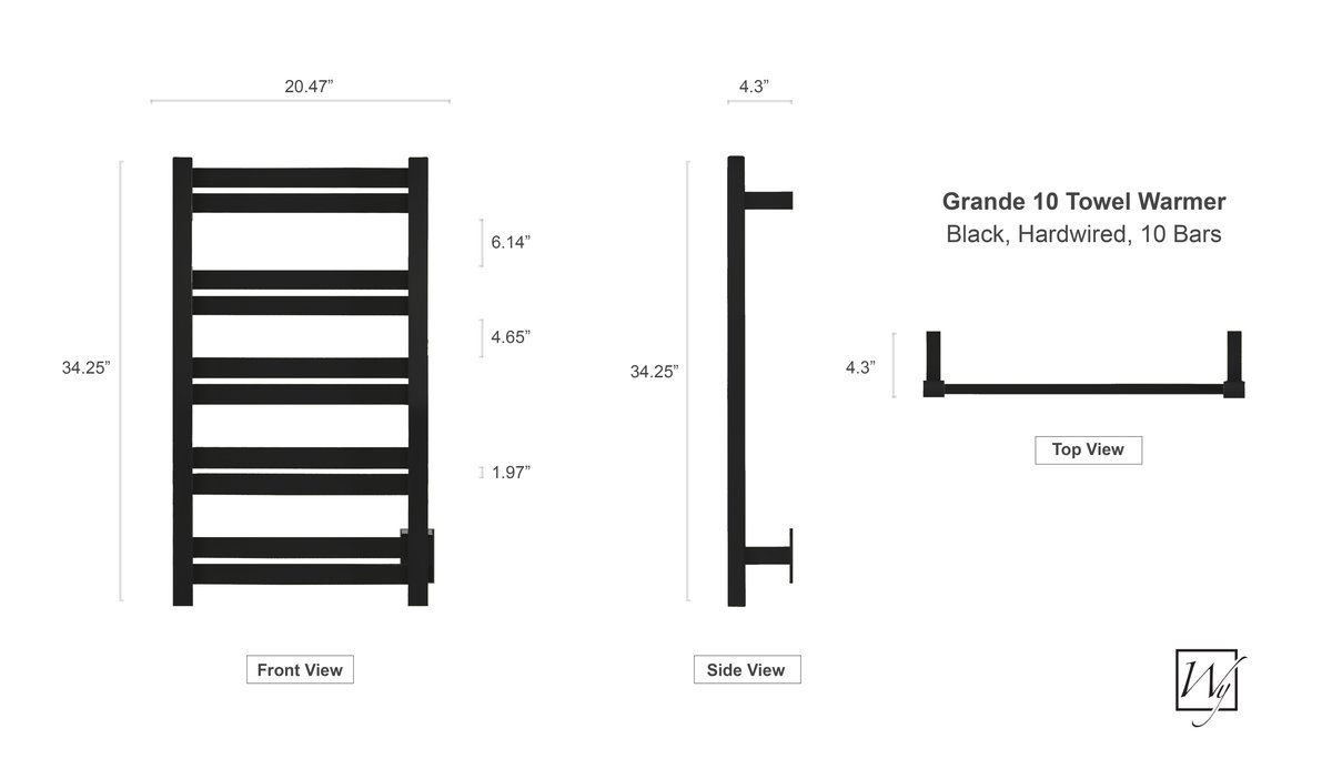 Grande 10 Black Towel Warmer Dimensions