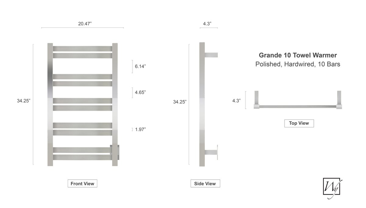 Grande 10 Polished Towel Warmer Dimensions
