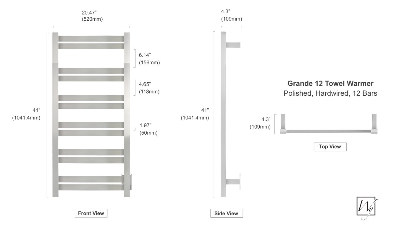 Grande 12 Towel Warmer, Polished, Hardwired, 12 bars