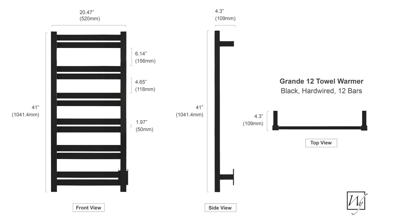Grande12 Towel Warmer, Black, Hardwired, 12 bars