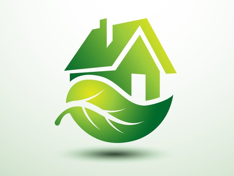A graphic illustration of a green house icon integrated with a large green leaf on a light gradient background.