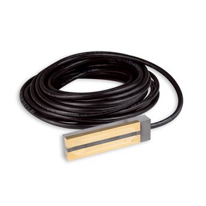 SCE-GTM-SS gutter moisture sensor with a grey rectangular housing, brass sensing strips, and a black lead wire coil.