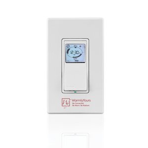 A white WarmlyYours hardwired programmable digital timer control with an LCD display and rocker switch mounted on a wall.