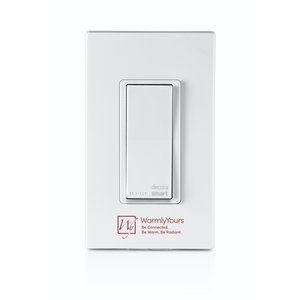 A white Leviton Decora Smart hardwired WiFi switch with WarmlyYours branding mounted in a wall plate.