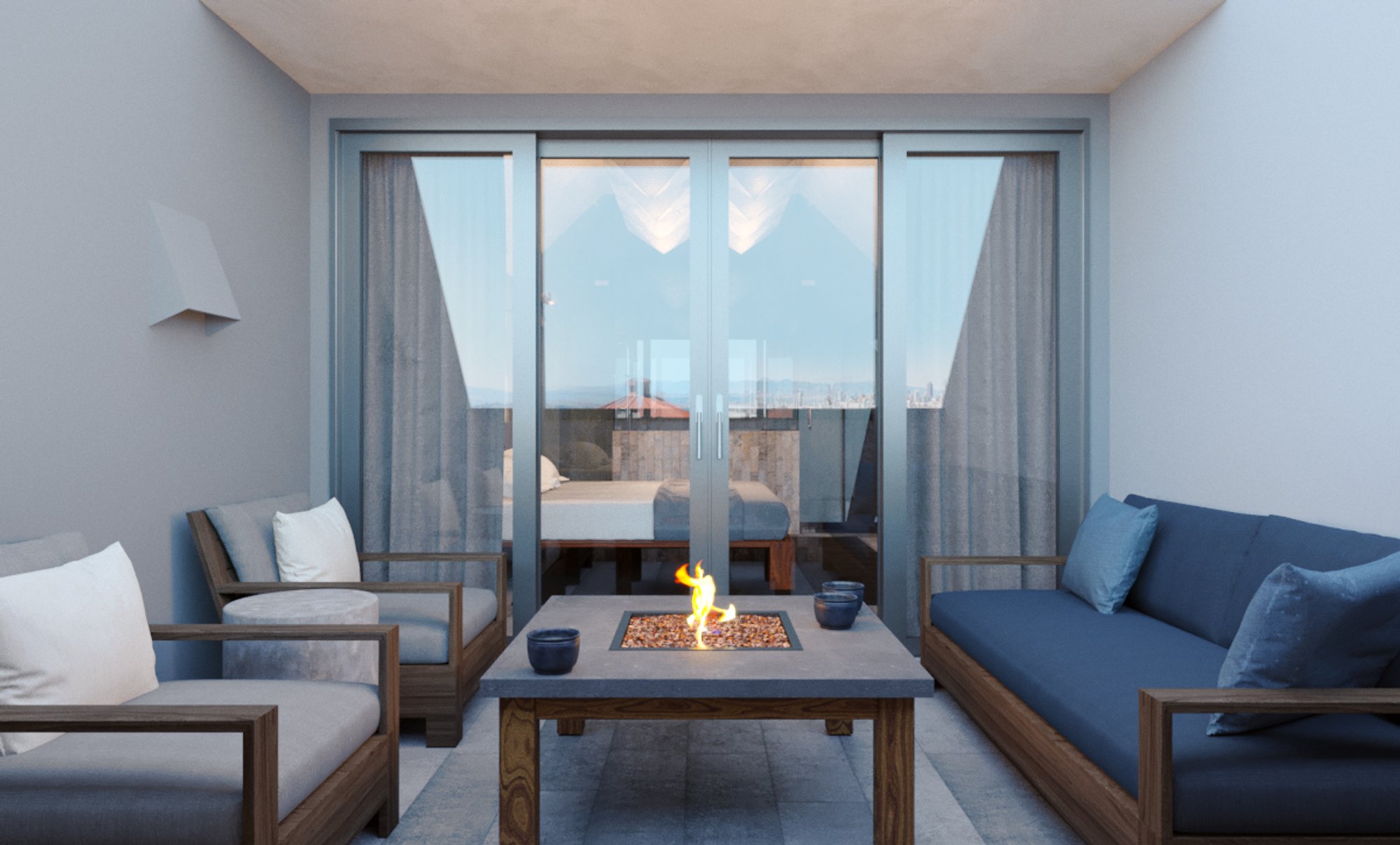 Heated Balcony with concrete floor and fire pit